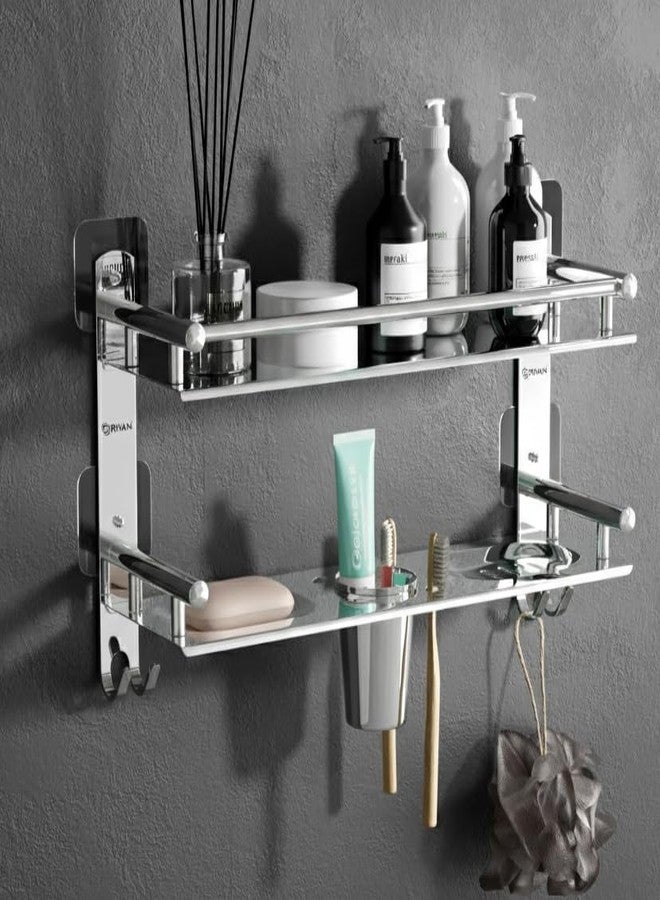 GRIVAN Stainless Steel Self Adhesive 2 Tier Multipurpose Shelf/Shelve/Rack/Organizer/Stand/Holder with Double Soap Dish and Toothbrush Holder Bathroom Accessories - Image 1